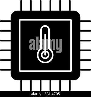 Processor temperature glyph icon. Core temp. CPU overheating. Microchip, chipset. Heating central processing unit. Integrated circuit with thermometer Stock Vector
