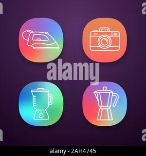 Household appliance app icons set. Steam iron, photo camera, blender, stove top coffee maker. UI/UX user interface. Web or mobile applications. Vector Stock Vector