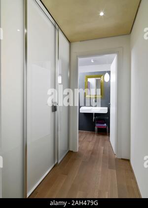 interior shot of a modern corridor in the attic on the background there is a bathroom while floor is made of wood on the left the wall cupboard with g Stock Photo