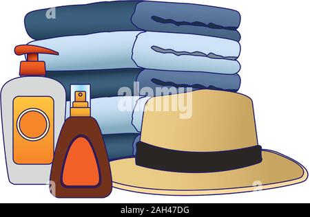 towels with beach hat and sun bronzers bottles Stock Vector