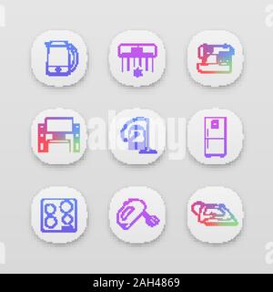 Household appliance app icons set. Electric kettle, air conditioner, sewing machine, home theater, vacuum cleaner, fridge, cooktop, mixer, steam iron. Stock Vector
