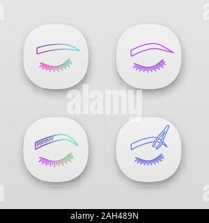 Eyebrows shaping app icons set. UI/UX user interface. Straight and soft arched eyebrows shape, brows microblading, tweezing. Web or mobile application Stock Vector