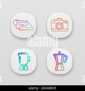 Household appliance app icons set. UI/UX user interface. Steam iron, photo camera, blender, stove top coffee maker. Web or mobile applications. Vector Stock Vector