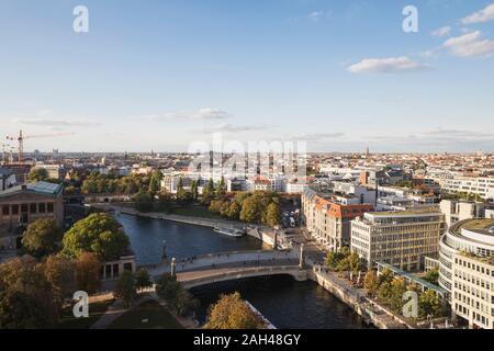 Germany, Berlin, Aerial view of Friedrichs Bridge, river Spree, James Simon Park and Hackescher Markt Stock Photo