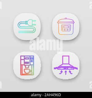 Household appliance app icons set. Electric plug, multicooker, coffee machine, range hood. UI/UX user interface. Web or mobile applications. Vector is Stock Vector