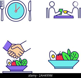 Business lunch color icons set. Dinner break, cafe meeting, make deal over meal, salad. Isolated vector illustrations Stock Vector