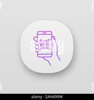 QR code scanner smartphone app icon. UI/UX user interface. Matrix barcode scanning. 2D code reader. Hand holding mobile phone. QR payment. Web or mobi Stock Vector