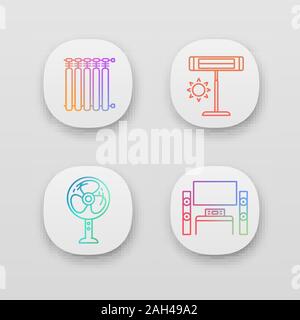 Household appliance app icons set. Radiators, infrared heater, stand floor fan, home theater system with TV. UI/UX user interface. Web or mobile appli Stock Vector
