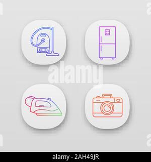 Household appliance app icons set. Vacuum cleaner, fridge, steam iron, photo camera. UI/UX user interface. Web or mobile applications. Vector isolated Stock Vector
