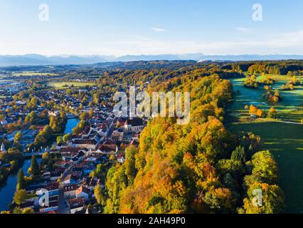 Germany, Bavaria, Upper Bavaria, Aerial view of Wolfratshausen old town with Loisach river and forest Stock Photo