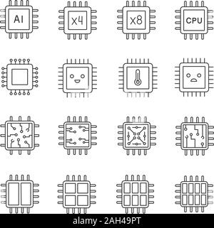 Processors linear icons set. Multi-core processors. Chips, microchips, chipsets. CPU. Central processing units. Integrated circuits. Isolated vector o Stock Vector