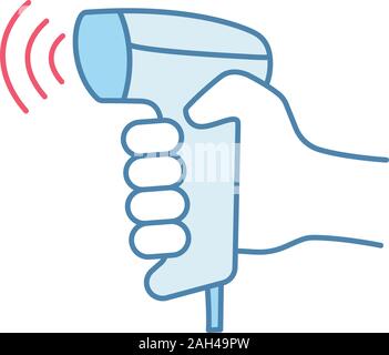 Wireless barcode scanning color icon. Wifi barcode and QR code bar codes handheld scanner. Cashier’s hand. Hand holding bar codes reading device. Isol Stock Vector