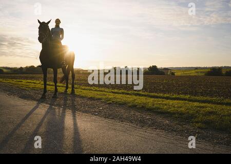 Woman on horse in the countryside at sunset Stock Photo