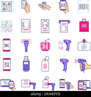 Brcodes color icons set. Linear and matrix bar codes. Barcodes reading and scanning apps, devices. Using QR codes in retail industry, inventory, contr Stock Vector