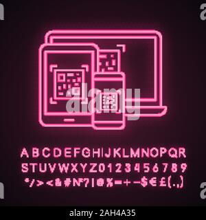 QR codes on different devices neon light icon. Barcodes generator. Codes on laptop, smartphone, tablet pc. Barcodes reading and scanning apps. Glowing Stock Vector