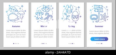 Four seasons onboarding mobile app page screen with linear concepts. Winter, autumn, spring, summer steps graphic instructions. UX, UI, GUI vector tem Stock Vector