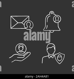 Customer retention and loyalty chalk icons set. Email targeting, customer notification, clients care service, user protection. Isolated vector chalkbo Stock Vector