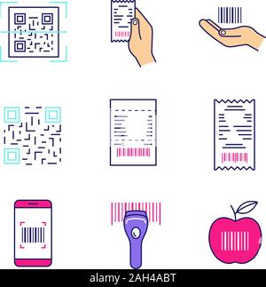 Brcodes color icons set. QR and linear codes scanning app, device, cash receipt, barcode in hand, paper check, product bar code. Isolated vector illus Stock Vector