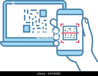 QR code scanning smartphone app color icon. Barcode authorization. Mobile phone reading barcode on PC screen. Matrix code displayed on laptop scanning Stock Vector