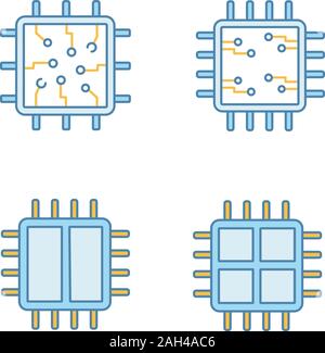 Processors color icons set. Chip, microprocessor, integrated unit, dual and quad core processors. Isolated vector illustrations Stock Vector