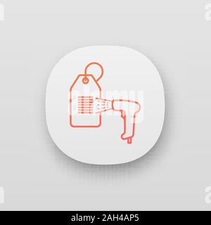 Barcode reader scanning hang tag app icon. UI/UX user interface. Store price label scanning with bar code reader. Shopping center labels reading. Line Stock Vector