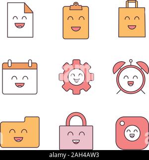 Smiling items color icons set. Happy file, clipboard, shopping bag, calendar, cogwheel, alarm clock, folder, padlock, camera. Isolated vector illustra Stock Vector