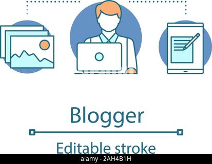 Blogger concept icon. Copywriter, designer, programmer idea thin line illustration. Blogging. Vector isolated outline drawing. Editable stroke Stock Vector
