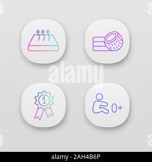 Orthopedic mattress app icons set. Breathable material, allowed for newborn, coconut fiber mattress, award medal. UI/UX user interface. Web or mobile Stock Vector