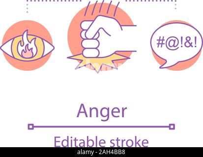 Anger concept icon. Aggression idea thin line illustration. Irritation, frustration. Fist, eye with fire, abusive language. Vector isolated outline dr Stock Vector