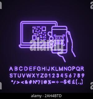 QR code scanning smartphone app neon light icon. Mobile phone reading barcode on PC. Matrix code displayed on laptop. Glowing sign with alphabet, numb Stock Vector