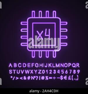 Quad core processor neon light icon. Four core microprocessor. Microchip, chipset. CPU. Multi-core processor. Integrated circuit. Glowing sign with al Stock Vector