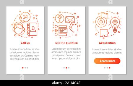 Call center onboarding mobile app page screen with linear concepts. Helpdesk, hotline. Customer service steps graphic instructions. UX, UI, GUI vector Stock Vector