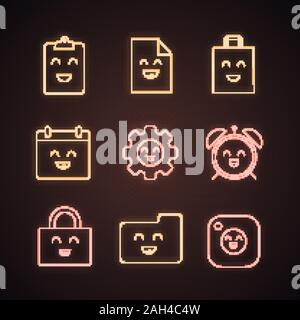 Smiling items neon light icons set. Happy file, clipboard, shopping bag, calendar, cogwheel, alarm clock, folder, padlock, camera. Glowing signs. Vect Stock Vector
