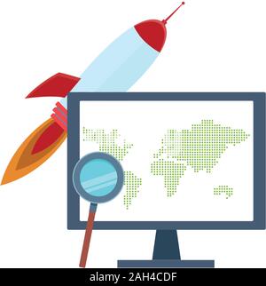 space rocket and computer with magnifying glass Stock Vector Image ...