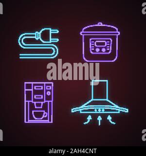 Household appliance neon light icons set. Electric plug, multicooker, coffee machine, range hood. Glowing signs. Vector isolated illustrations Stock Vector