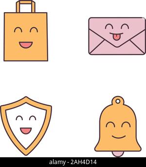 Smiling items color icons set. Characters. Happy shopping bag, shield, bell, letter. Isolated vector illustrations Stock Vector
