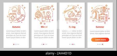 Four seasons onboarding mobile app page screen with linear concepts. Winter, autumn, spring, summer steps graphic instructions. UX, UI, GUI vector tem Stock Vector