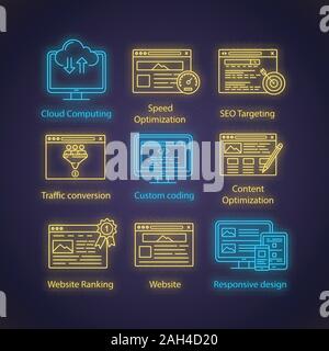 SEO neon light icons. Cloud computing, speed optimization, targeting, traffic, conversion, custom coding, copywriting, ranking, website, responsive de Stock Vector