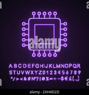 Processor neon light icon. Microprocessor. CPU. Integrated circuit. Computer, phone processor. Microchip, chipset, chip. Glowing sign with alphabet, n Stock Vector