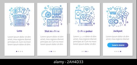 Gambling onboarding mobile app page screen with linear concepts. Casino. Online poker, lottery, slot machines, jackpot steps graphic instructions. UX, Stock Vector