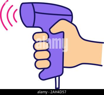 Wireless barcode scanning color icon. Wifi barcode and QR code bar codes handheld scanner. Cashier’s hand. Hand holding bar codes reading device. Isol Stock Vector