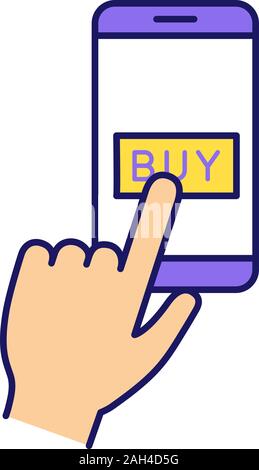 Online payment per click color icon. E-payment. Digital purchase. Cashless payments smartphone app. Hand pressing pay button. Isolated vector illustra Stock Vector