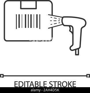 Box label scanning with barcode scanner linear icon. Parcel bar code. Barcode handheld reader. Thin line illustration. Inventory control. Delivery ser Stock Vector