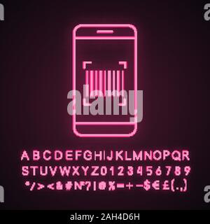 Barcode scanning app neon light icon. Smartphone reading linear barcode. One dimensional code scanner. Glowing sign with alphabet, numbers and symbols Stock Vector