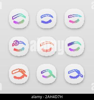 Eyebrows shaping app icons set. UI/UX interface. Arched, rounded, straight brows, makeup removal, microblading, tattooing, eyebrows contour, tinting w Stock Vector