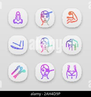 Plastic surgery app icons set. UI/UX interface. Rhinoplasty, facelift, brachioplasty, arm lift, cheek surgery, coolsculpting, scalpel, waist plastic, Stock Vector