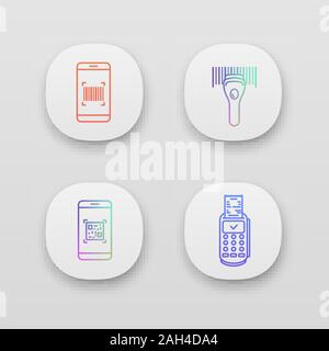 Barcodes app icons set. UI/UX user interface. Smartphone barcode scanner, linear code reader, scanning app, payment terminal receipt. Web or mobile ap Stock Vector