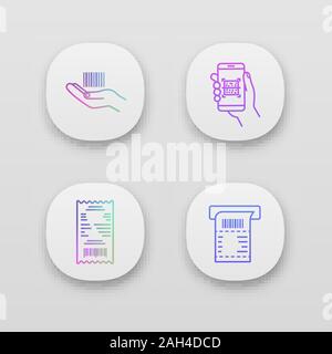 Barcodes app icons set. UI/UX user interface. Linear barcode in hand, QR codes scanning app, cash receipt, ATM paper check. Web or mobile applications Stock Vector
