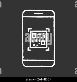 QR code scanning smartphone app chalk icon. Matrix barcode scanner. 2D code mobile phone reader. Isolated vector chalkboard illustration Stock Vector