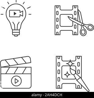 Film industry linear icons set. Movie idea, video cutting and editing, filmmaking. Thin line contour symbols. Isolated vector outline illustrations. E Stock Vector